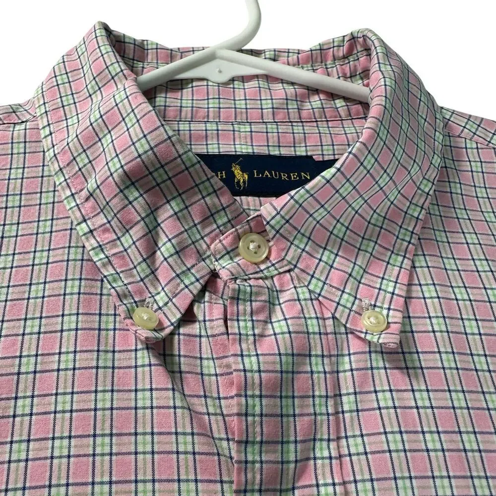 Ralph Lauren Pink Plaid Long Sleeve Button Down Collared Dress Shirt Cotton Sz L